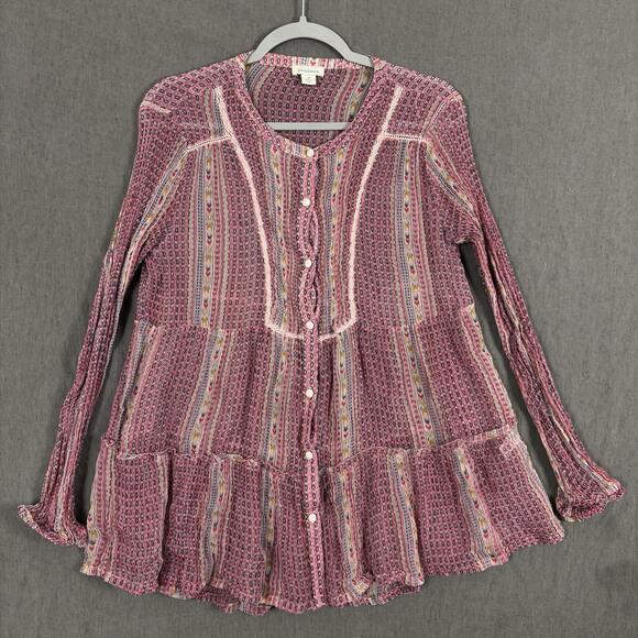 Sundance Women's Size Medium Sheer Print Long Sleeve Button Up Boho Top - Picture 1 of 11